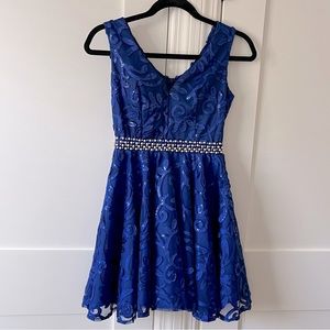Tawny Sequin Embroidered Overlay Mini Dress Royal Blue Sz S